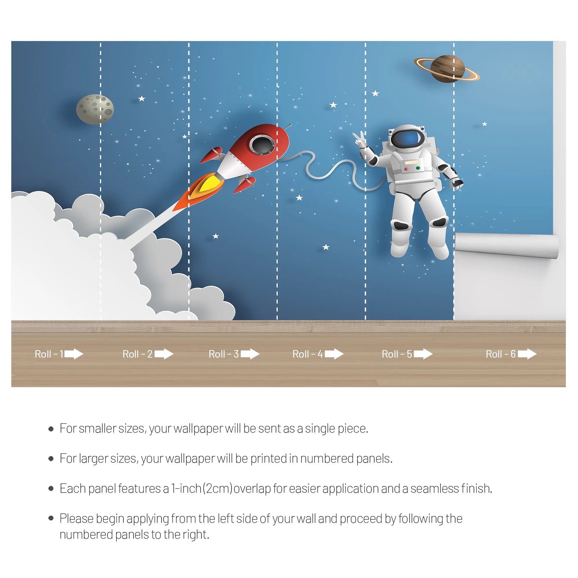 6099 / Nursery Decor Wall Art Wallpaper - Self-Adhesive Mural, Temporary Wallpaper with Spacecraft Theme